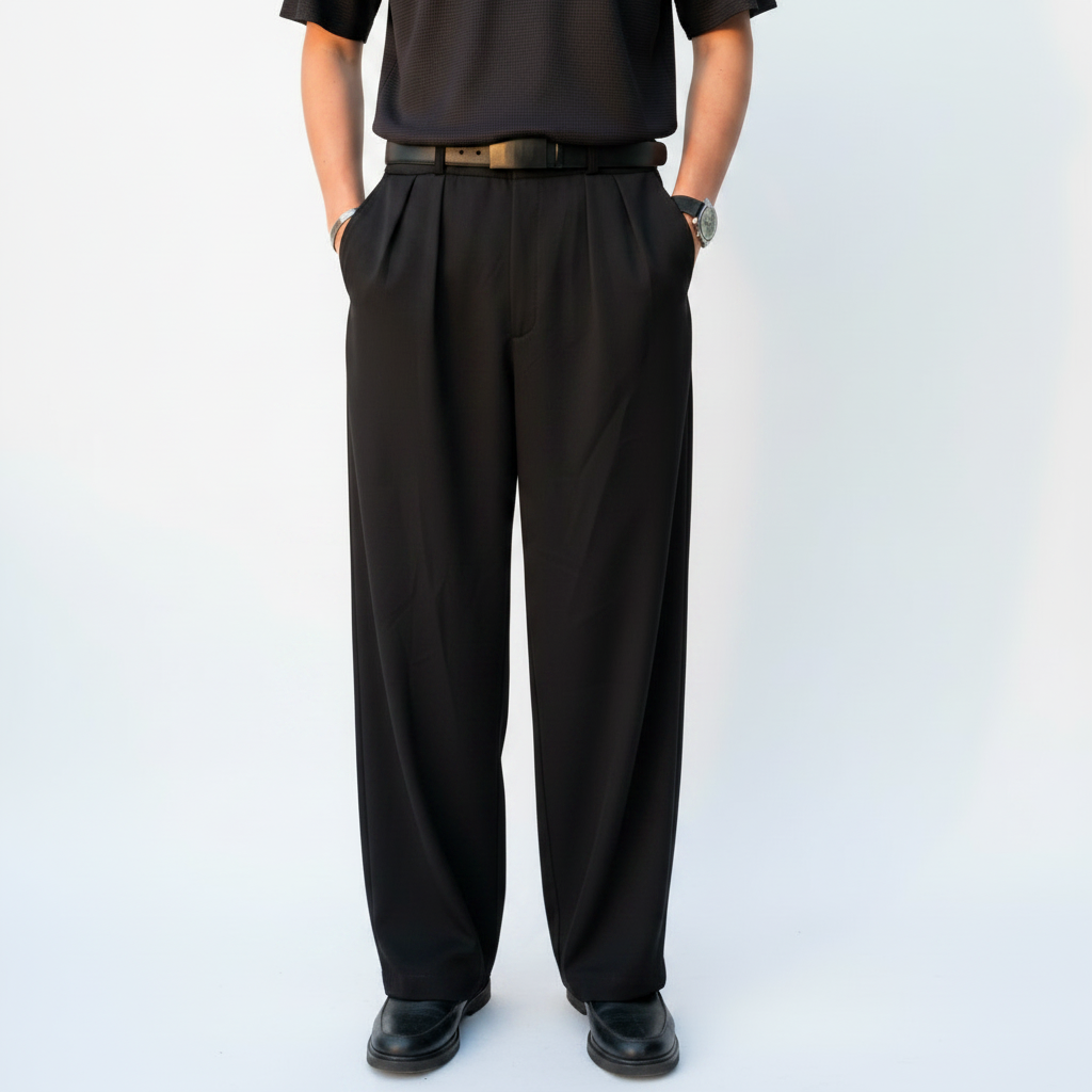 BLACK PLEATED WIDE LEG PANTS